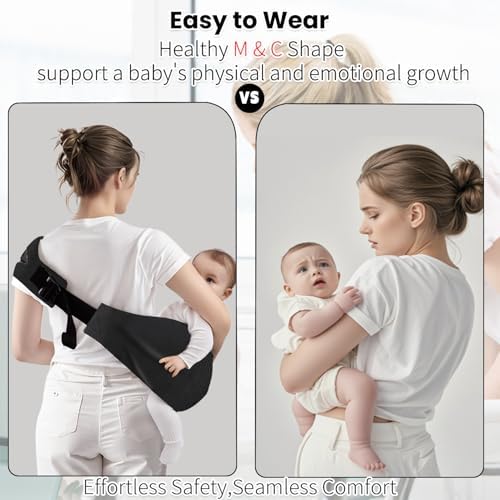 Black lightweight baby carrier being worn in front carrying position