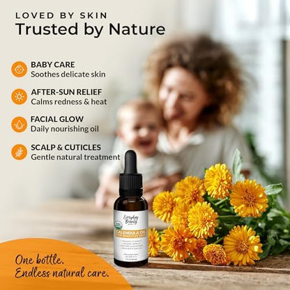 Everyday Beauty calendula oil showing the secure dropper cap designed for precise application on sensitive skin.