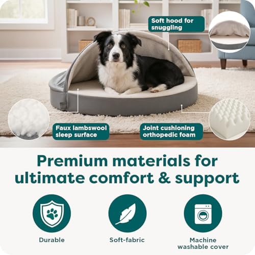 FurHaven Round Orthopedic Dog Bed for Large Dogs, Egg Crate with a Solid Orthopedic Foam Base with Attached Blanket Hood and Removable Washable Cover, Large, Sherpa & Suede Snuggery, Gray - Image 6