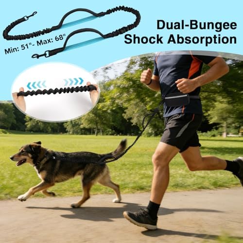 Arcolma hands free dog belt highlighting the secure reflective zipper pouch for running essentials.