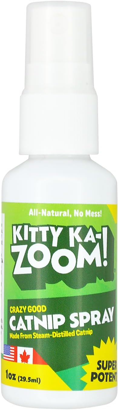 Kitty Ka-Zoom catnip essential oil pet mist product overview emphasizing furniture safety and playful cat stimulation.