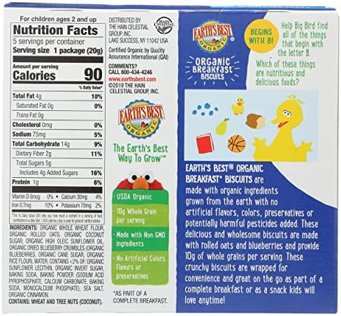 Earth's Best toddler organic blueberry biscuits packaging displaying whole grain and nutrition certifications.