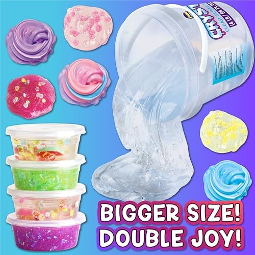 Fun Kidz jumbo crystal clear slime being stretched by hand to show elasticity