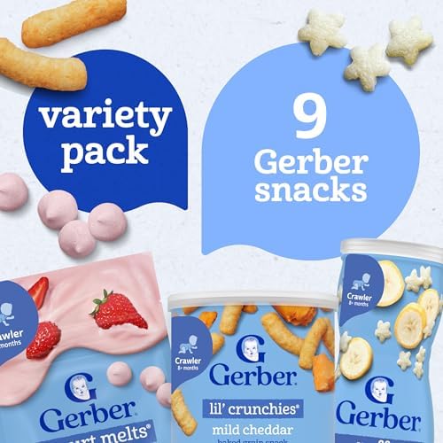 Gerber Mild Cheddar Lil Crunchies baked corn snack tin highlighting proper age appropriate infant feeding stages