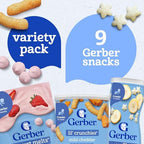 Gerber Mild Cheddar Lil Crunchies baked corn snack tin highlighting proper age appropriate infant feeding stages