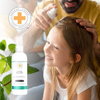 Lice prevention mint spray being applied to a schoolbag for protection