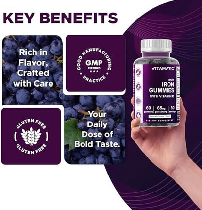 Vitamatic iron sixty count gluten free gummies dietary supplement packaging