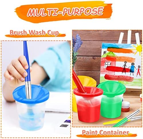 Four color-coordinated kids painting cups and round brushes set arranged for art class.