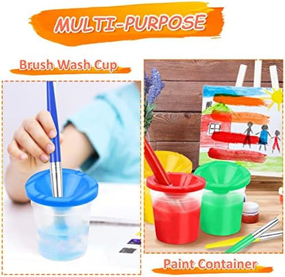 Four color-coordinated kids painting cups and round brushes set arranged for art class.