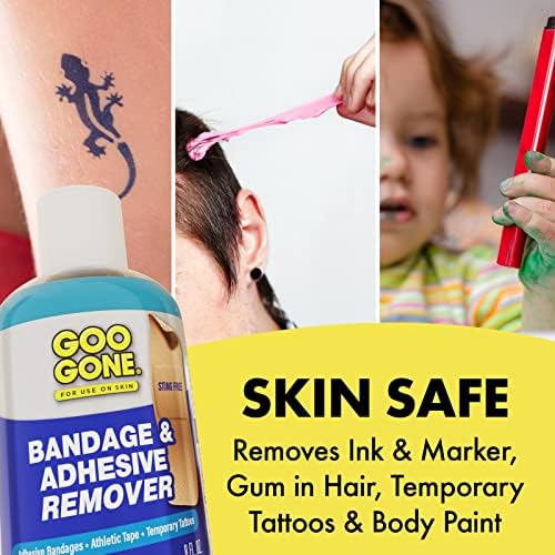 USA imported Goo Gone adhesive remover packaging indicating compatibility with kinesiology tape and insulin pumps.