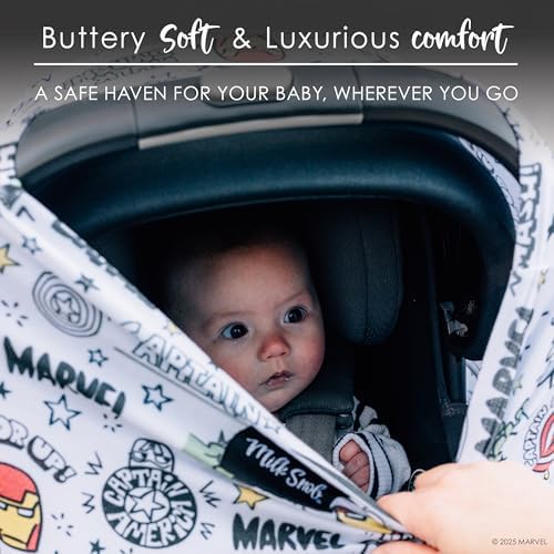 Marvel print baby car seat canopy installed on infant carrier