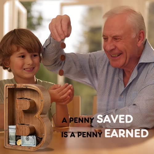 Ladenk initial B natural wood piggy bank on a children bedroom bookshelf