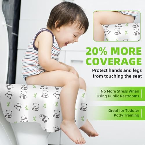 Individually wrapped cute panda print toilet liners for kids potty training and adult hygiene.