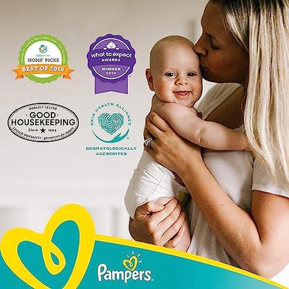 Side angle of Pampers Swaddlers baby diaper showing the flexible fastening tapes and leak protection barriers.