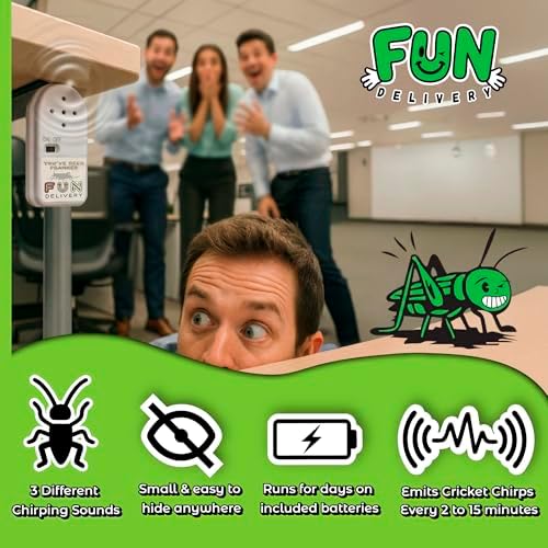 FUN Delivery annoying cricket sound machine highlighted alongside its pre-installed button cell batteries.