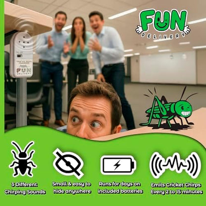 FUN Delivery annoying cricket sound machine highlighted alongside its pre-installed button cell batteries.