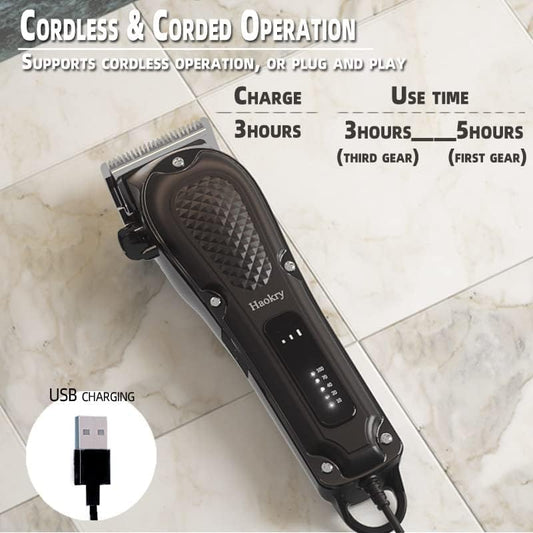 Haokry cordless barber clippers close up highlighting the integrated LED battery display indicator lights.