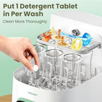 Tiny Marvels baby bottle washing tablets back packaging showing usage instructions and warnings.