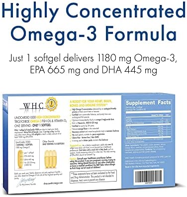 WHC UnoCardio 1000 side label view displaying pure triglyceride fish oil ingredients and daily dosage information