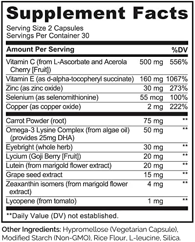 Back of Naturelo Eye Vitamins bottle showing supplement facts