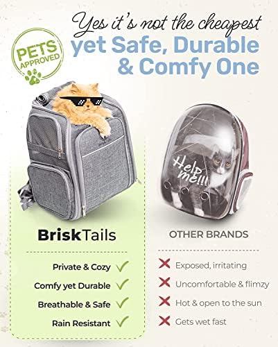 Side angle of BriskTails hiking pet carrier illustrating the breathable mesh ventilation panels and zippers.