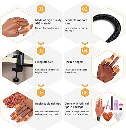 LIONVISON Practice Hand for Acrylic Nails, Flexible Nail Practice Hands Training Kits, Fake Manican Hands for Nails Practice, Movable Nail Maniquin Hand with 300PCS Nail Tips, File, Brush and Clipper - Image 4