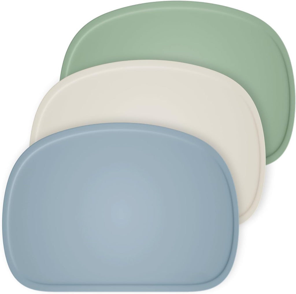 Cuddle Campus silicone placemats front view showing three neutral colors for baby dining table protection.