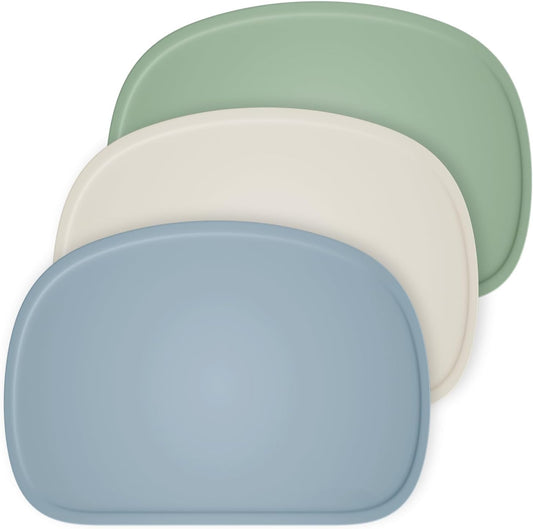 Cuddle Campus silicone placemats front view showing three neutral colors for baby dining table protection.