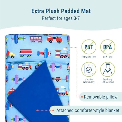 Side view of Wildkin kids sleep mat with built-in pillow detail
