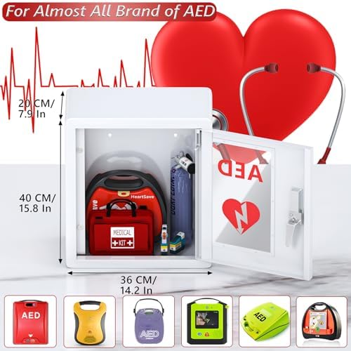 Steel AED storage box with transparent window and snap lock mechanism.