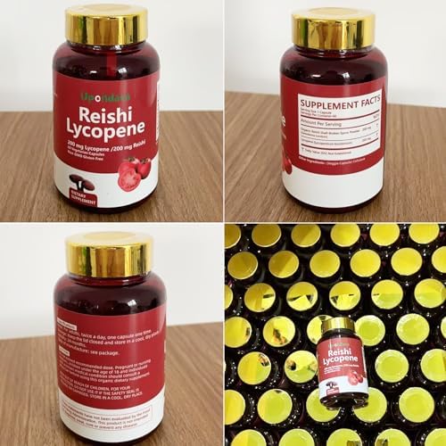 Upondata Lycopene and Reishi mushroom bottle resting on white background