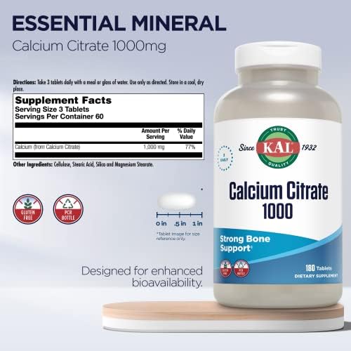 KAL Calcium Citrate 180 tablets nutritional facts label showing serving size