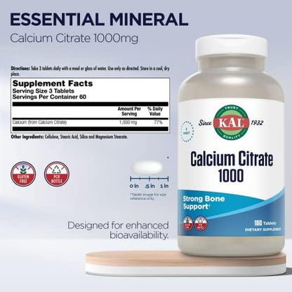 KAL Calcium Citrate 180 tablets nutritional facts label showing serving size