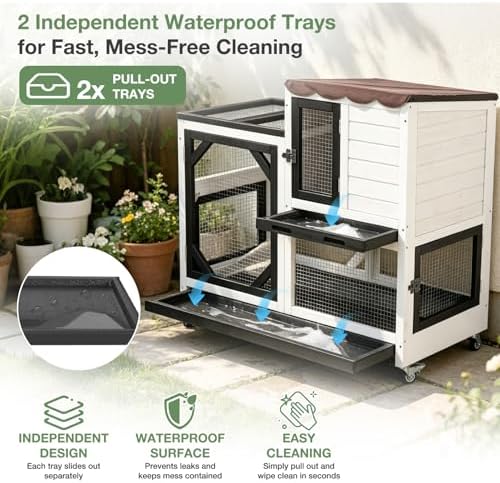 Large Rabbit Hutch Outdoor, 2-Tier Bunny Hutch with Wheels and Waterproof Roof, Wooden Guinea Pig Cage with Leak-Proof Pull-Out Trays, Multi-Door Bunny Cage for Small Animals-Black and White - Image 3