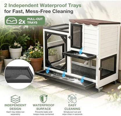 Large Rabbit Hutch Outdoor, 2-Tier Bunny Hutch with Wheels and Waterproof Roof, Wooden Guinea Pig Cage with Leak-Proof Pull-Out Trays, Multi-Door Bunny Cage for Small Animals-Black and White - Image 3