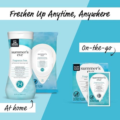 Summer's Eve fragrance free cleansing cloths showing ingredients and usage info.