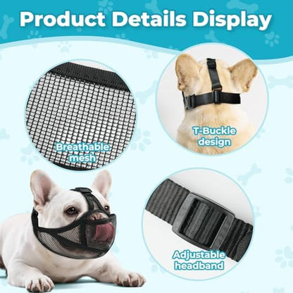 Side profile of French Bulldog wearing black soft muzzle