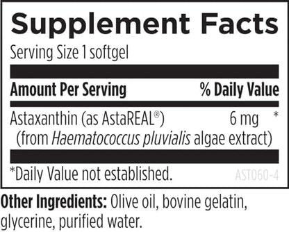 Designs For Health Astaxanthin 60 softgels showing product warnings and clean label certifications