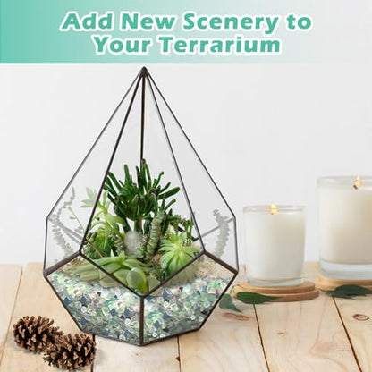 Crystal chips inside a glass terrarium container