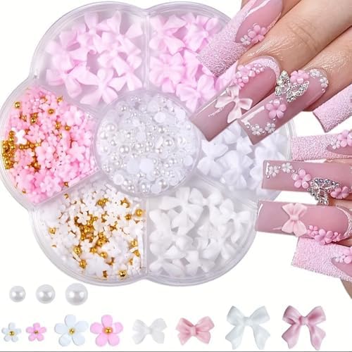 Pink and white resin nail bows and pearl set