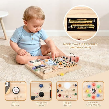 The premium portable wooden busy house toy shown in a compact travel friendly setting.