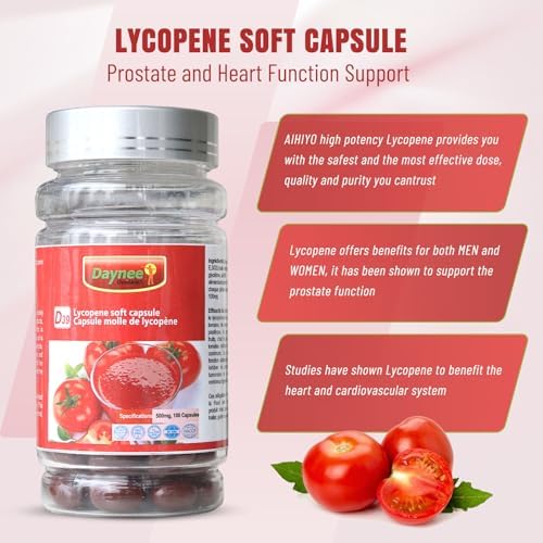 AIHIYO imported lycopene supplement softgels displayed next to organic tomatoes
