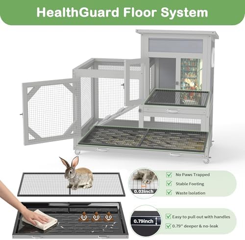 COZIWOW Rabbit Hutch Indoor Outdoor with No-Spill Design, 2 Wire Floors & Removable Trays, 2-Story Large Wooden Bunny Cage on Wheels, Chewproof Ramp for Multiple Small Animals, Gray - Image 3