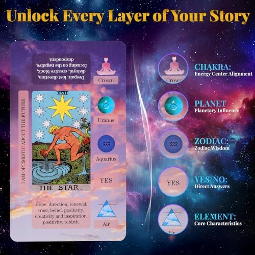 Close up of tarot card showing astrology and chakra symbols