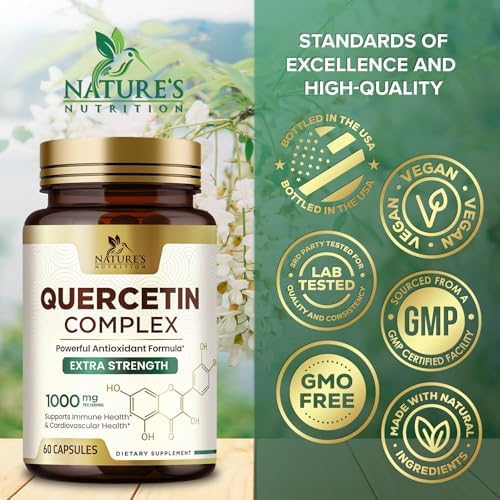 Side angle of Nature's Nutrition Quercetin veggie capsules bottle highlighting plant-based bioflavonoids.