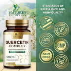 Side angle of Nature's Nutrition Quercetin veggie capsules bottle highlighting plant-based bioflavonoids.