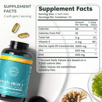 Authentic imported Primal Harvest Omega 3 packaging highlighting the 30 day supply of premium marine lipid concentrate.