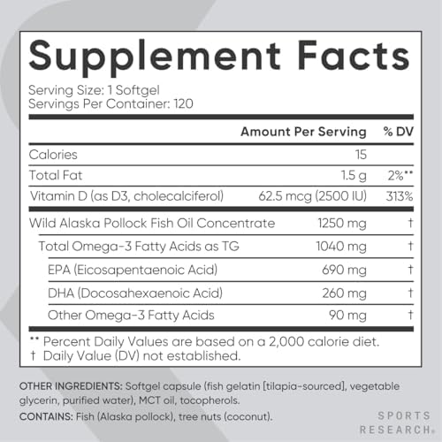 Sports Research triple strength fish oil supplement bottle nutritional facts label