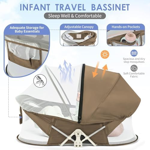 ISELECTOR foldable infant travel bed in brown color being collapsed for transport