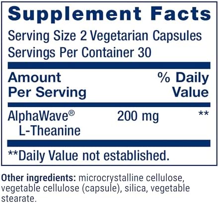 Supplement facts label for Life Extension L-Theanine 200 mg vegetarian capsules.
